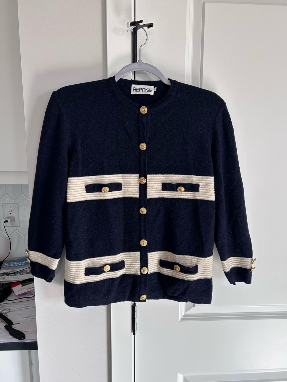 Reprise Italy 100% Wool Navy Cream Button Front Cardigan Sweater Layer Preppy